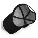 Black baseball cap interior view, mesh lining, adjustable strap, unisex gift, polyester fabric