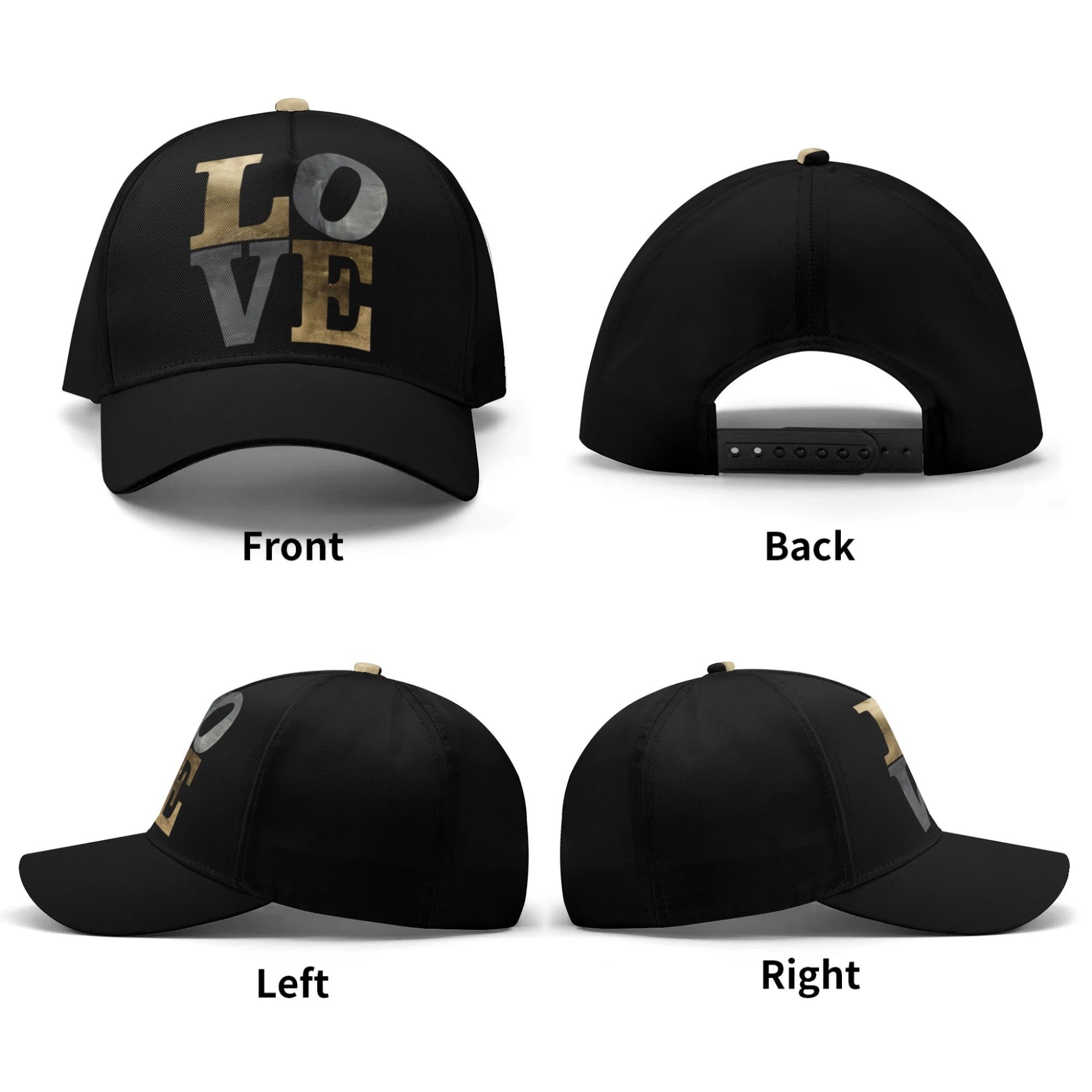 Black baseball cap with gold and silver "LOVE" text, unisex design, adjustable fit, perfect gift for expressing love