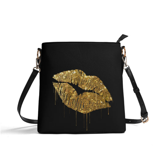 Black PU leather bucket bag with gold lip design, travel tote shoulder bag