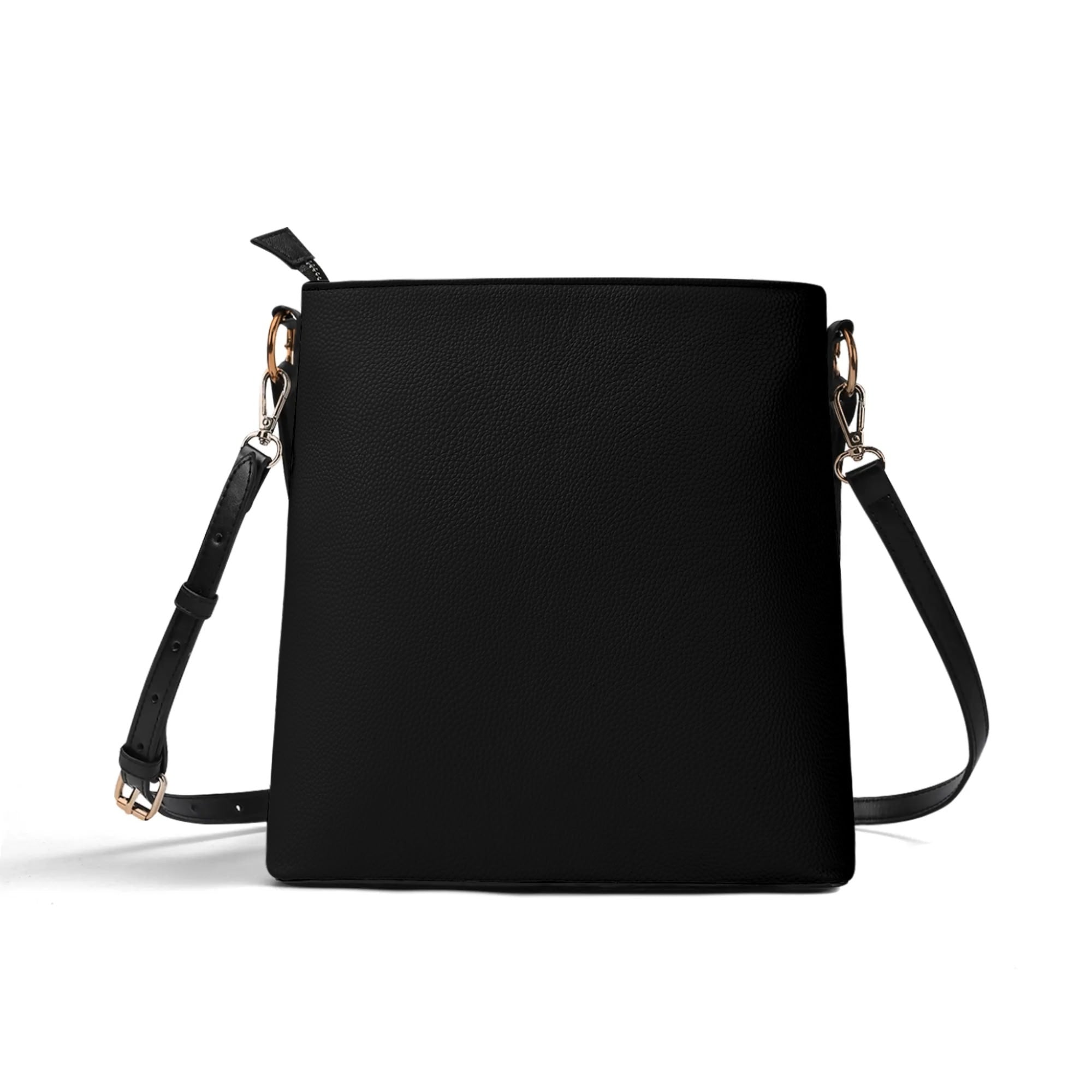 Black PU leather bucket bag, shoulder strap, gold hardware, rectangular design for women.