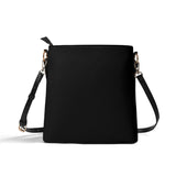 Black PU leather bucket bag, shoulder strap, gold hardware, rectangular design for women.