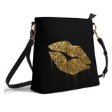 Black PU leather shoulder bag with dripping gold lips design, for women