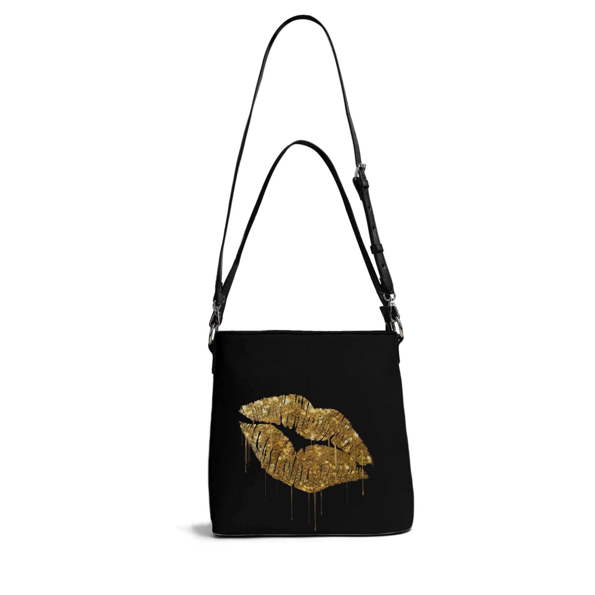 Black PU leather bucket bag with gold glitter lip design, shoulder bag for women, travel tote