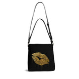Black PU leather bucket bag with gold glitter lip design, shoulder bag for women, travel tote