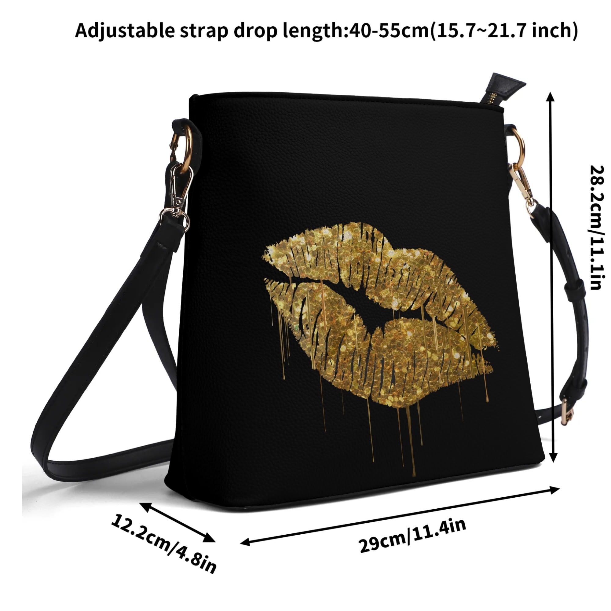 Black PU leather bucket bag with gold lip art, adjustable strap travel tote for women