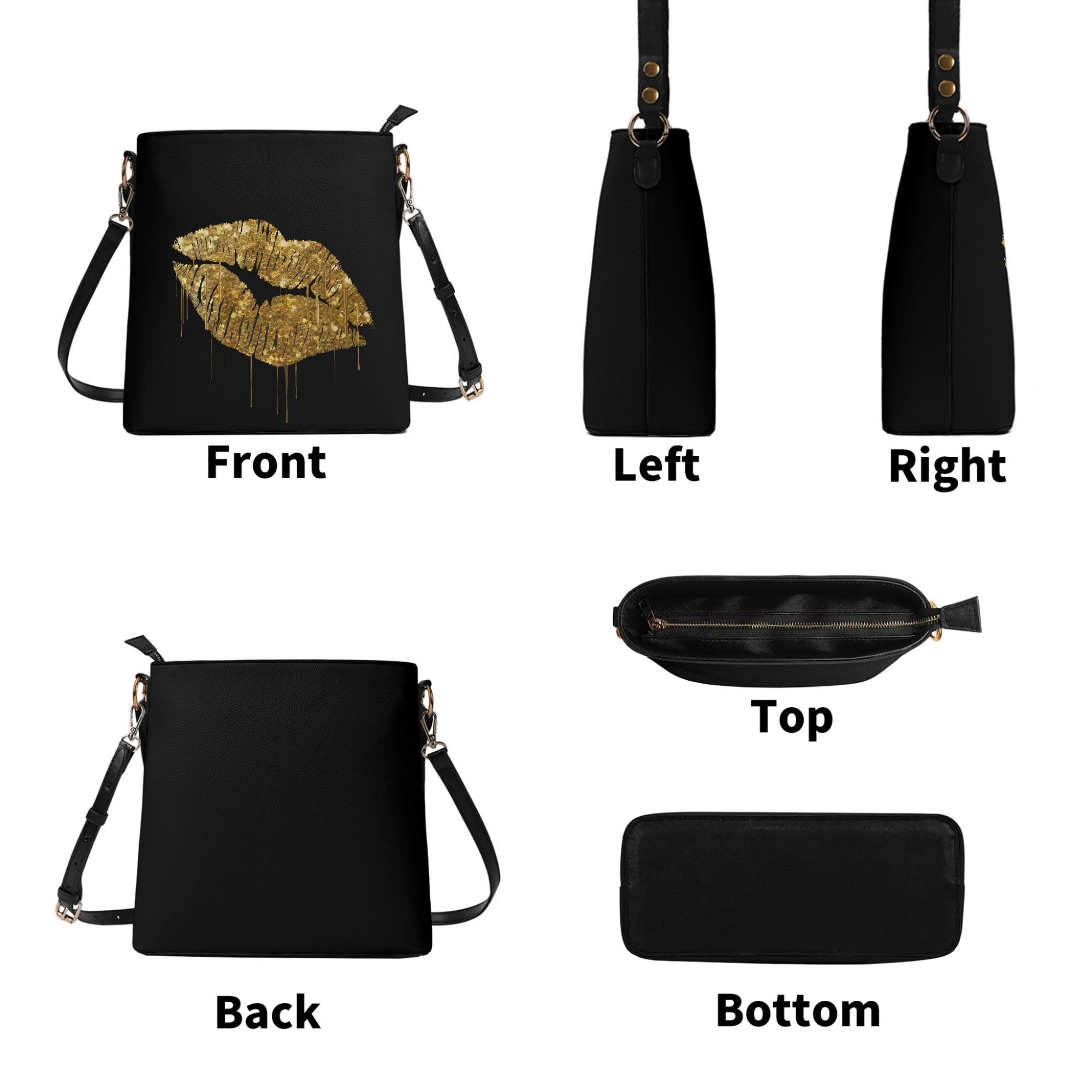Black PU leather bucket bag with gold lip art design, travel tote, different views: front, back, side, top, and bottom.