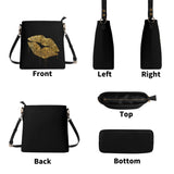 Black PU leather bucket bag with gold lip art design, travel tote, different views: front, back, side, top, and bottom.