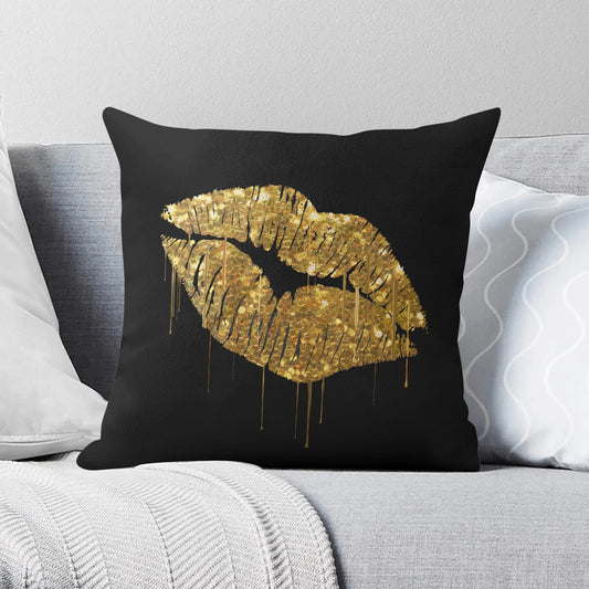 Gold lip decorative pillow cover, polyester fleece material, sofa and couch decor.