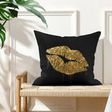 Black throw pillow with gold glitter lip design for sofa or bed decor