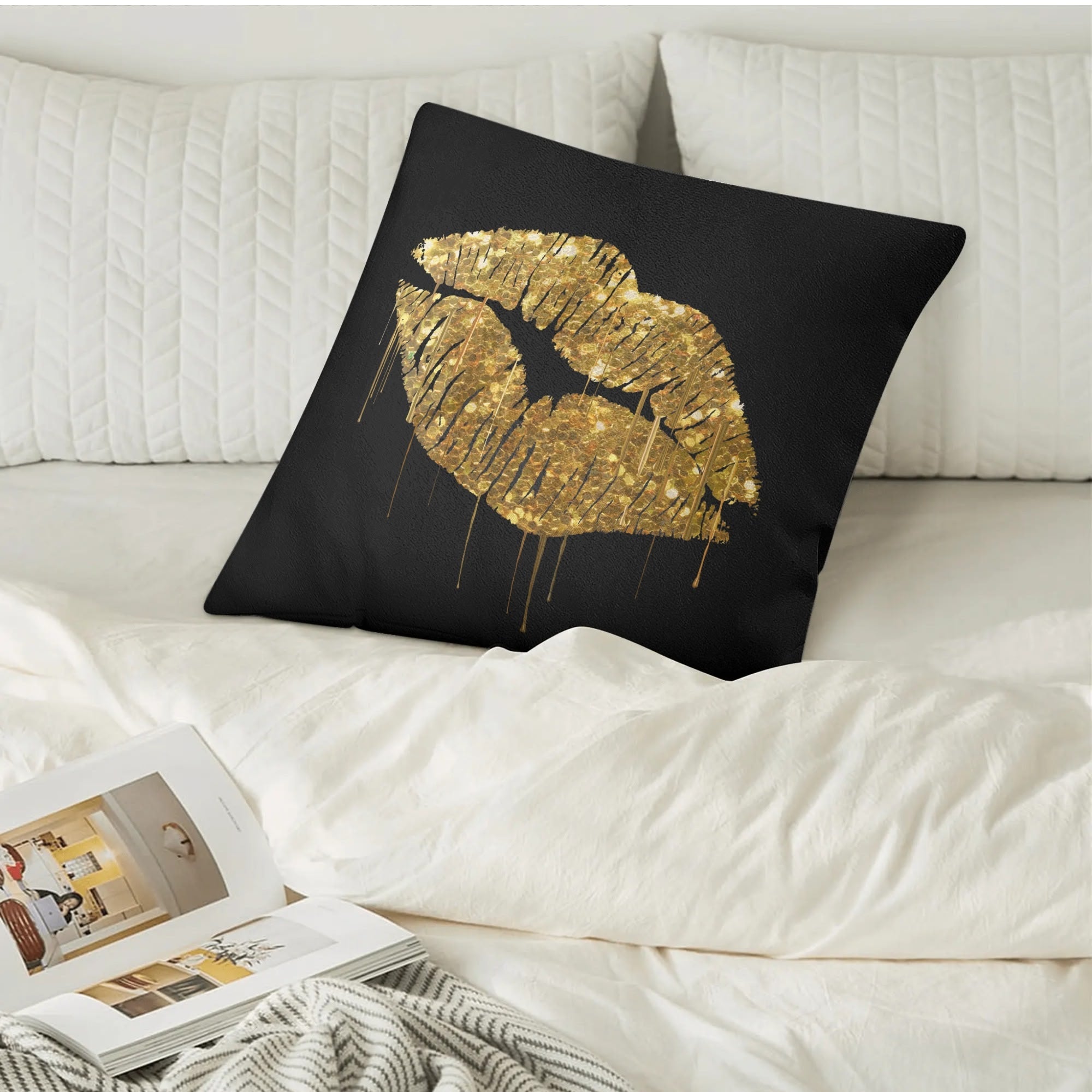 Gold glitter lip design pillow cover on black background, sofa or bed decor