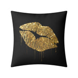 Gold glitter lip pillow cover on black background for sofa or bed decor, polyester fleece material