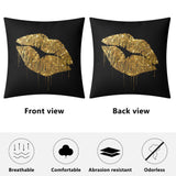 Gold lip pillow cover, double-sided printing, sofa and bed decor, featuring a black background and glittery gold lips
