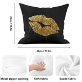 Gold lip pillow cover, black background, soft fleece, sofa or bed decor, 45x45cm