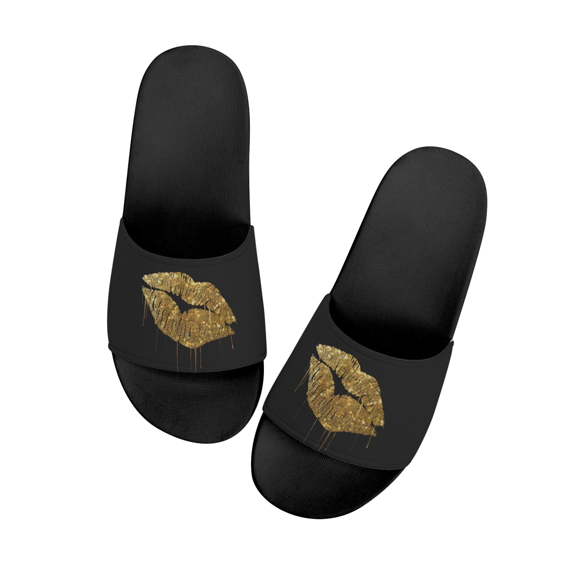 Womens black flip flops with gold glitter lips, casual summer slip-on sandals