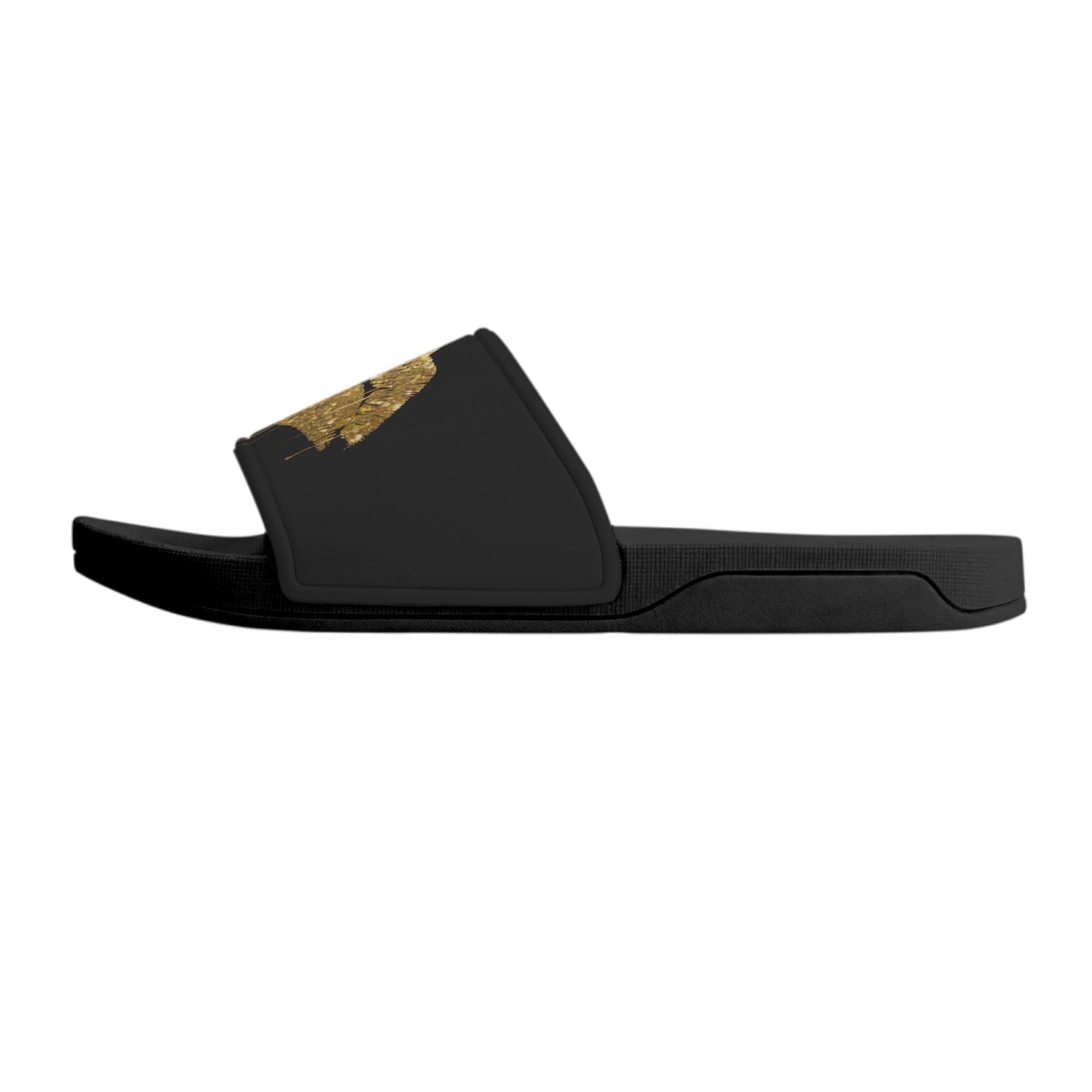 Black flip flops sandal with gold glitter lip design, perfect for summer wear.