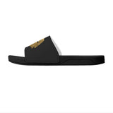 Black women's flip flops with gold glitter lip design, beach wear sandals.