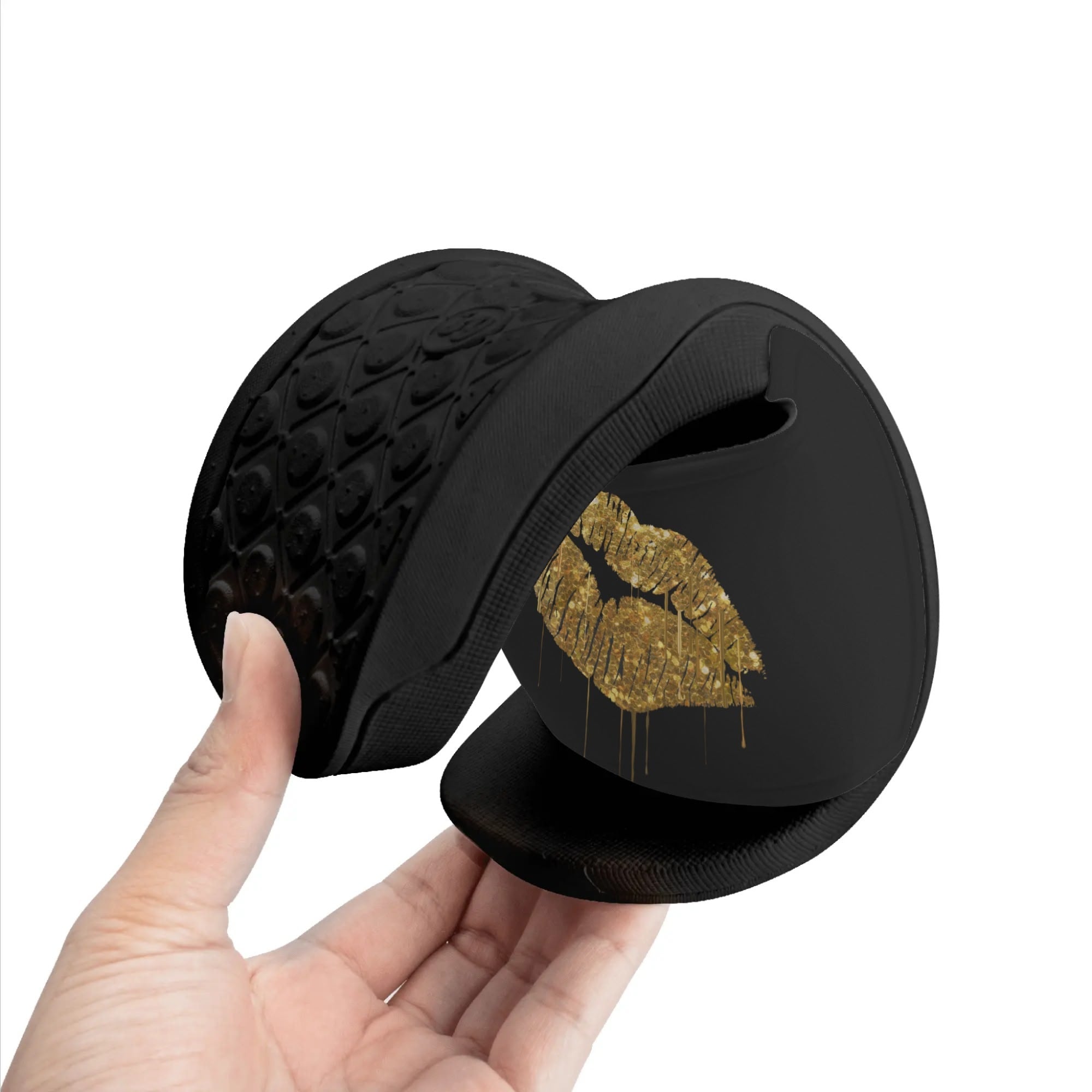 Black flip-flops with gold glitter lips design, casual summer wear