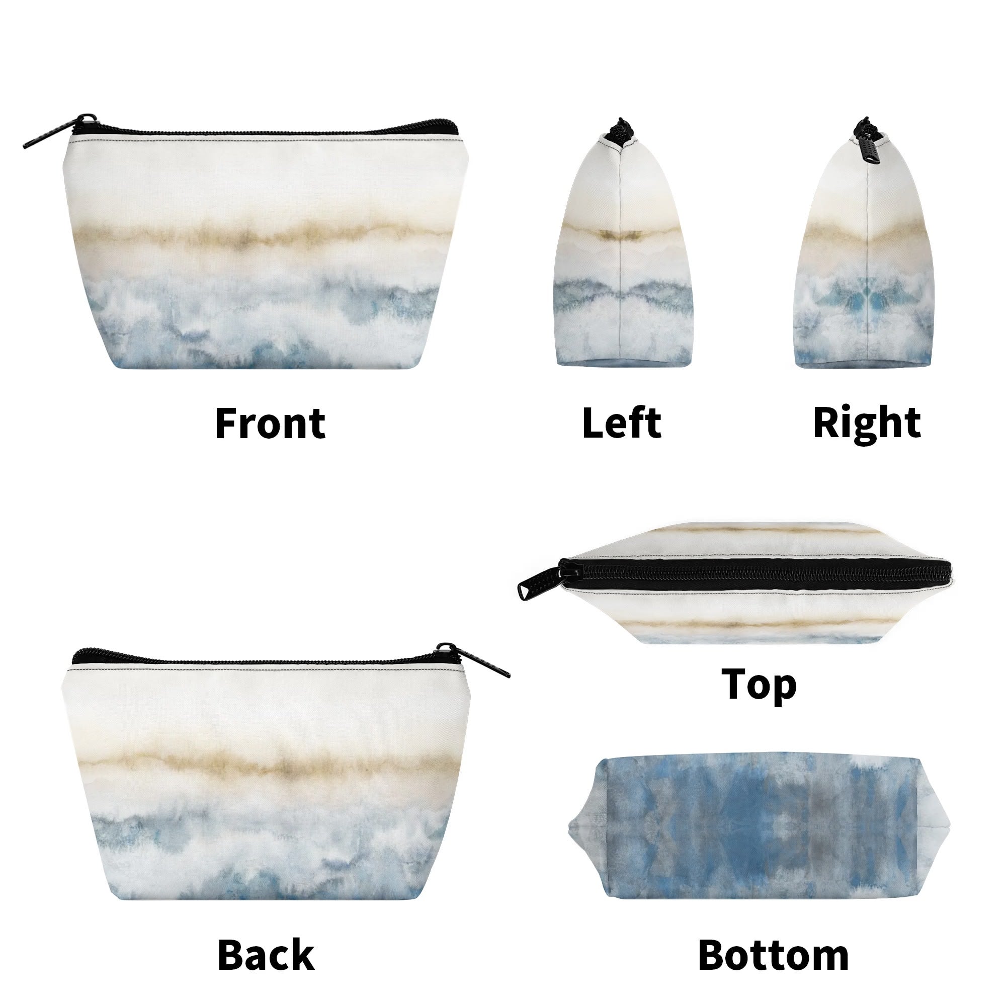 Girls' wristlet bag with watercolor design; 300D polyester, featuring a zipper and various views.