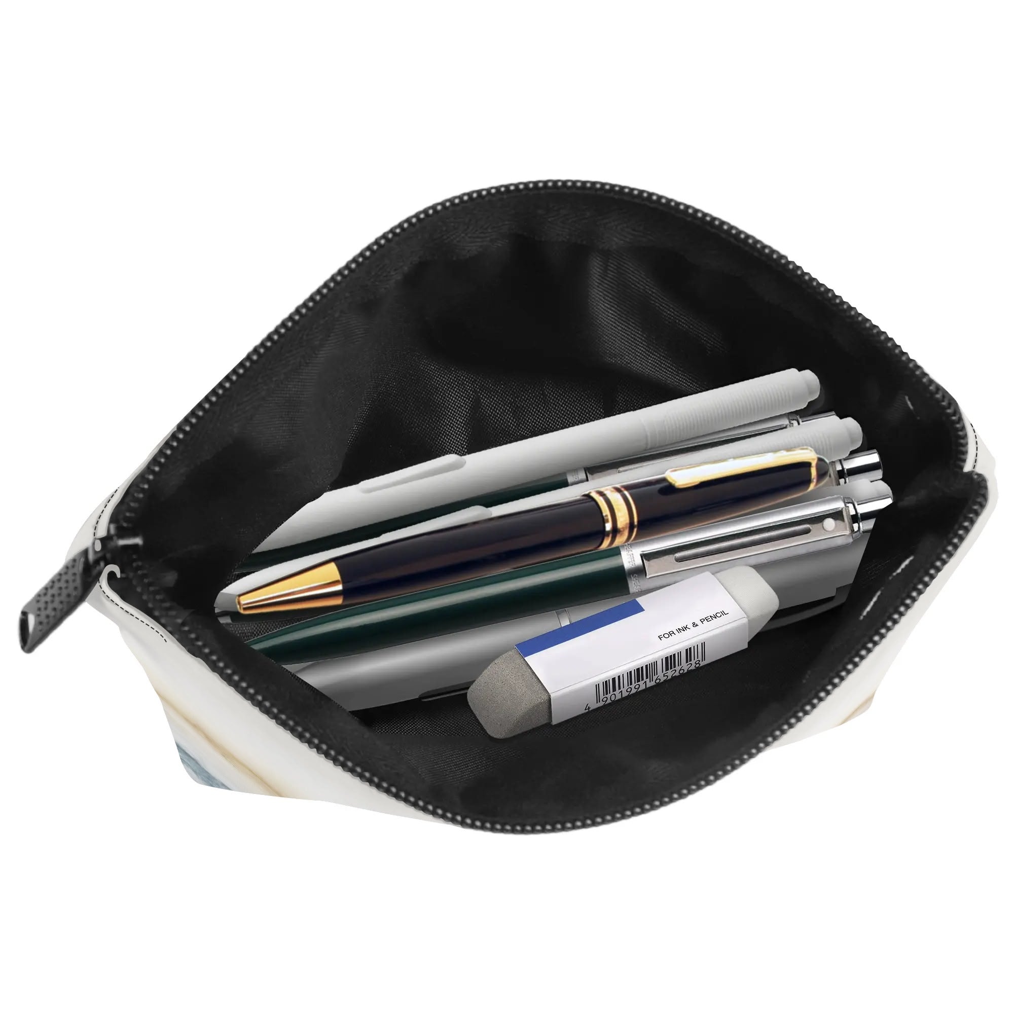 Girls' wristlet bag with pens, erasers, and zipper closure; perfect travel makeup bag.