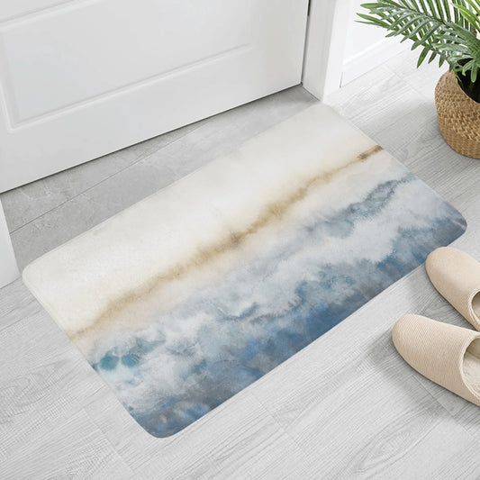 Abstract art doormat with blue and brown pattern in front of a white door
