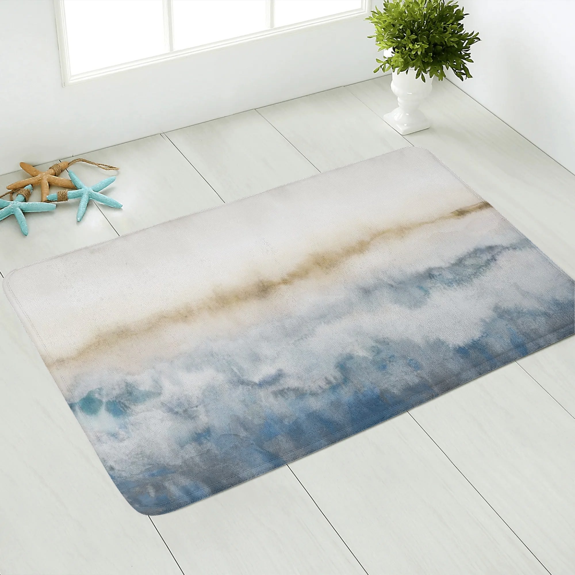 Plush doormat with abstract watercolor design; Non-slip washable floor mat for bathroom or bedroom