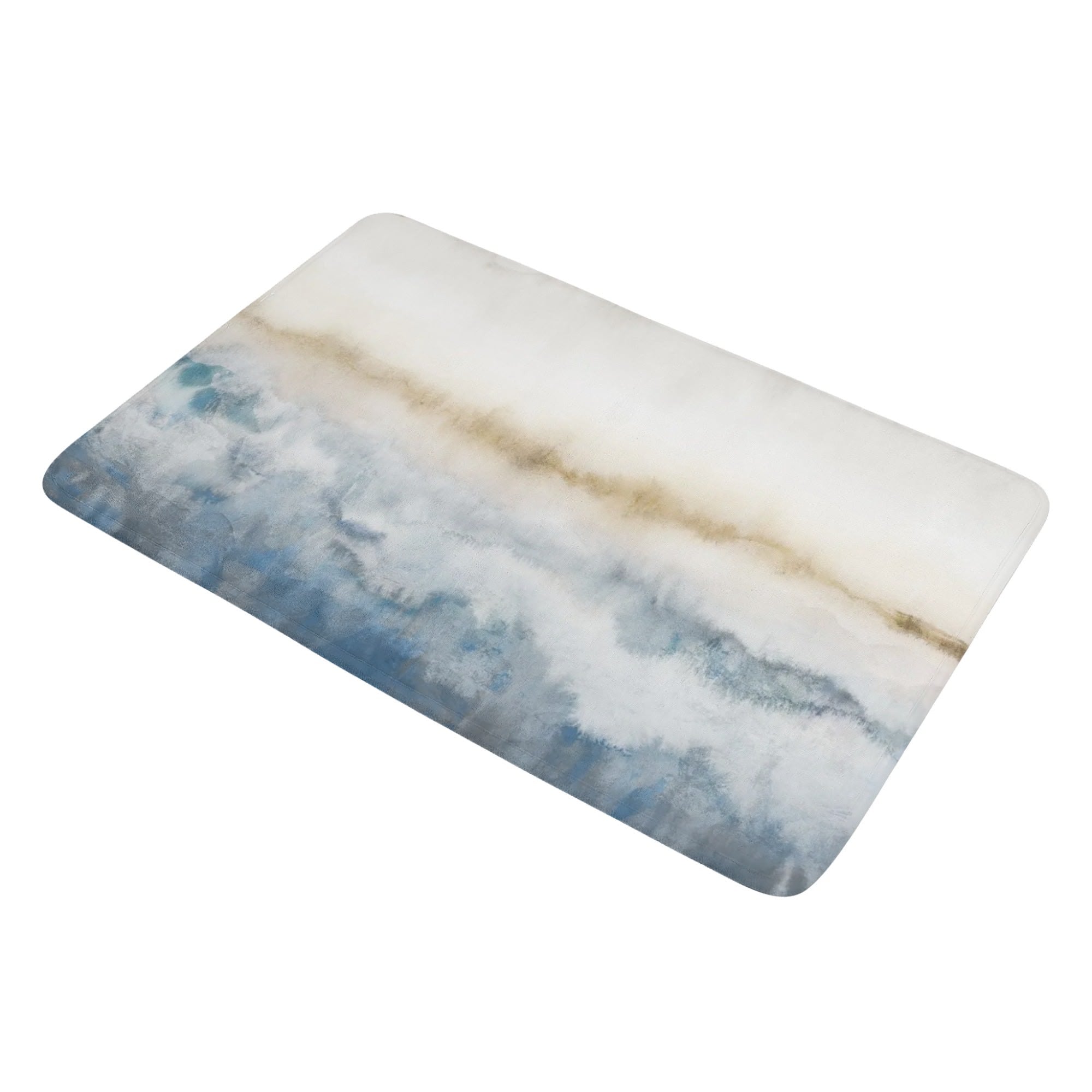 Non-slip washable doormat, featuring abstract blue and white watercolor design, perfect for bathroom or bedroom decor.