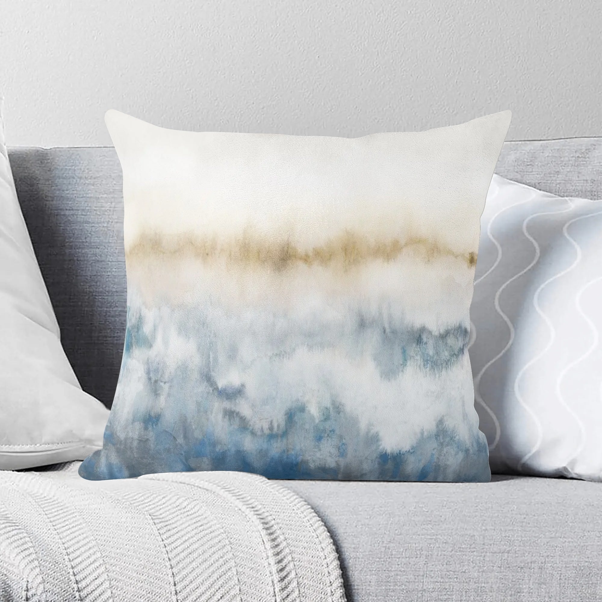 Abstract watercolor pillow cover in blue and gold, decorative throw pillow