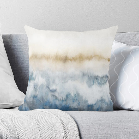 Abstract watercolor pillow cover in blue and gold, decorative throw pillow