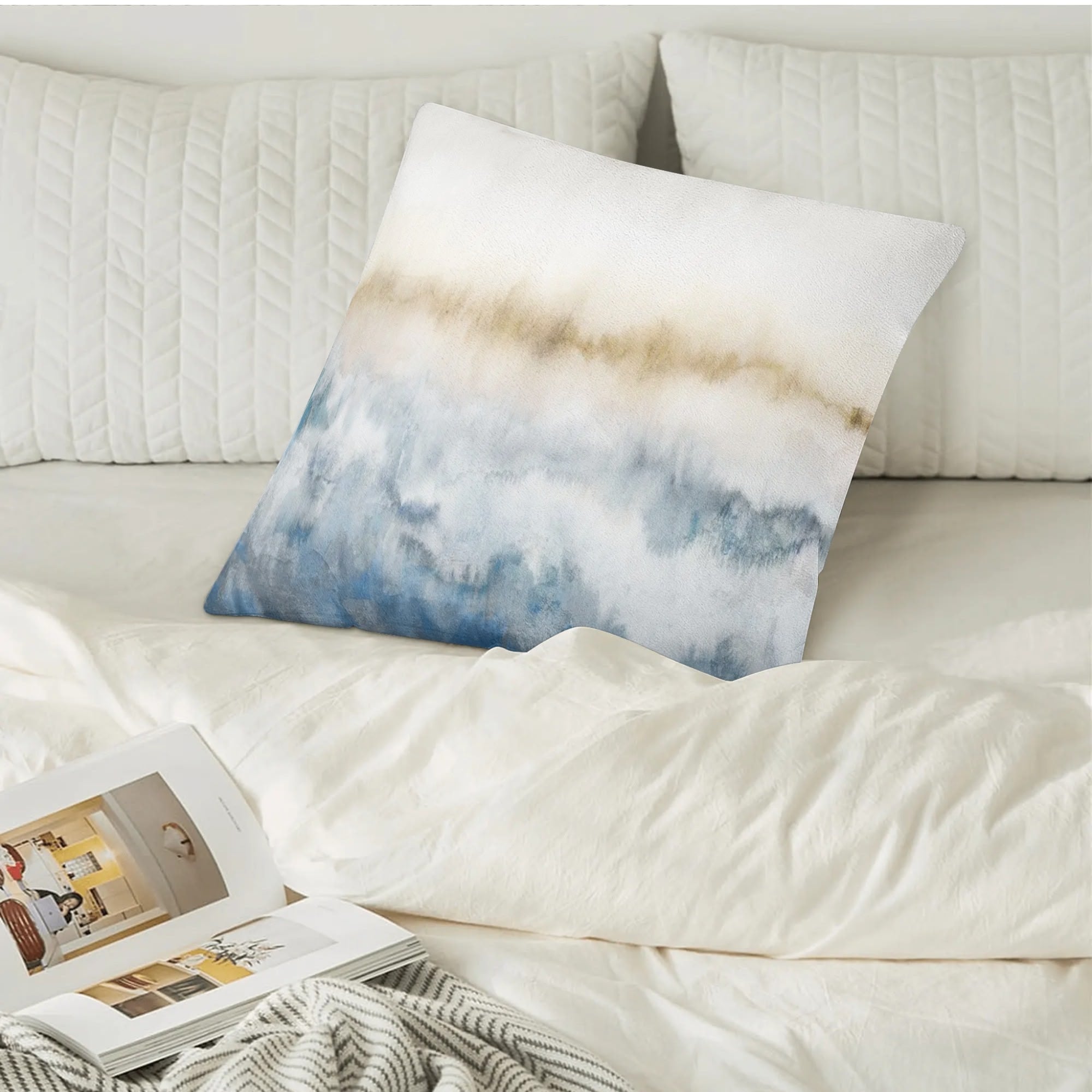 Abstract watercolor pillow cover, blue and gold tones, decorative throw pillow for sofa or bed, double-sided print