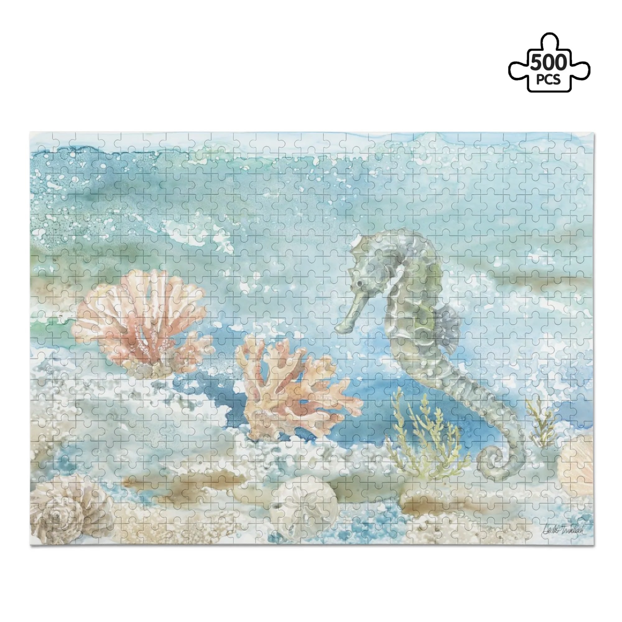 Seahorse wooden puzzle, 500 pieces, featuring seahorse, coral and seashells for family game nights.