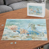 Sea horse 500 piece puzzle with watercolor seahorse, coral and seashells for adults game night.