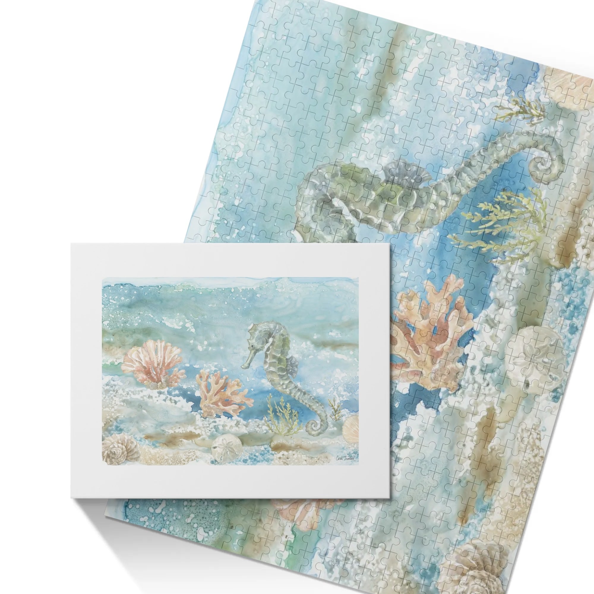 Sea horse 500 piece wooden puzzle with watercolor art for adults. Family game night jigsaw gift.