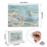 Seahorse 500-piece puzzle. Watercolor seahorse, coral, and seashells for adults and family game nights.
