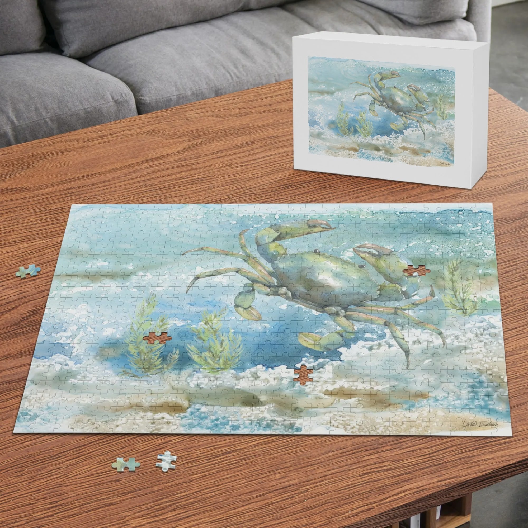 500 piece Crab Wooden Puzzle with watercolor crab design, family game night gift, Lester Trinnach