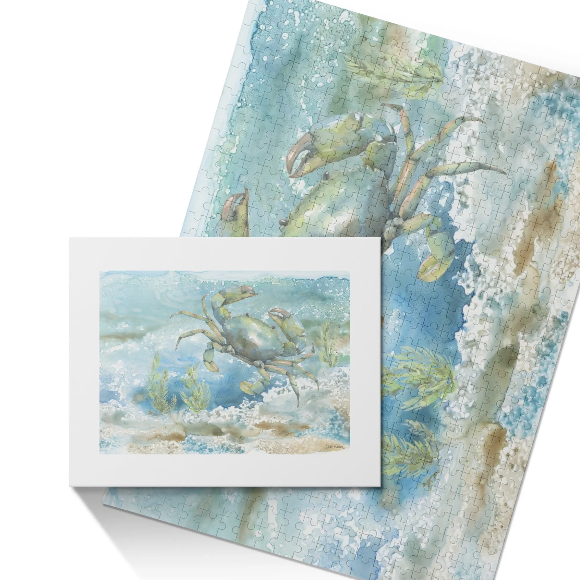 500 piece Crab wooden puzzle with watercolor crab design. Perfect gift for family game night.