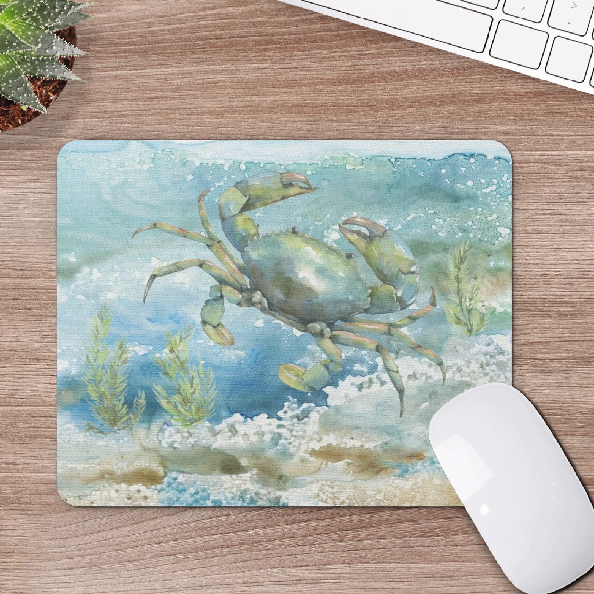 Crab mouse pad with watercolor crab design, non-slip rubber base for office and laptop, waterproof.