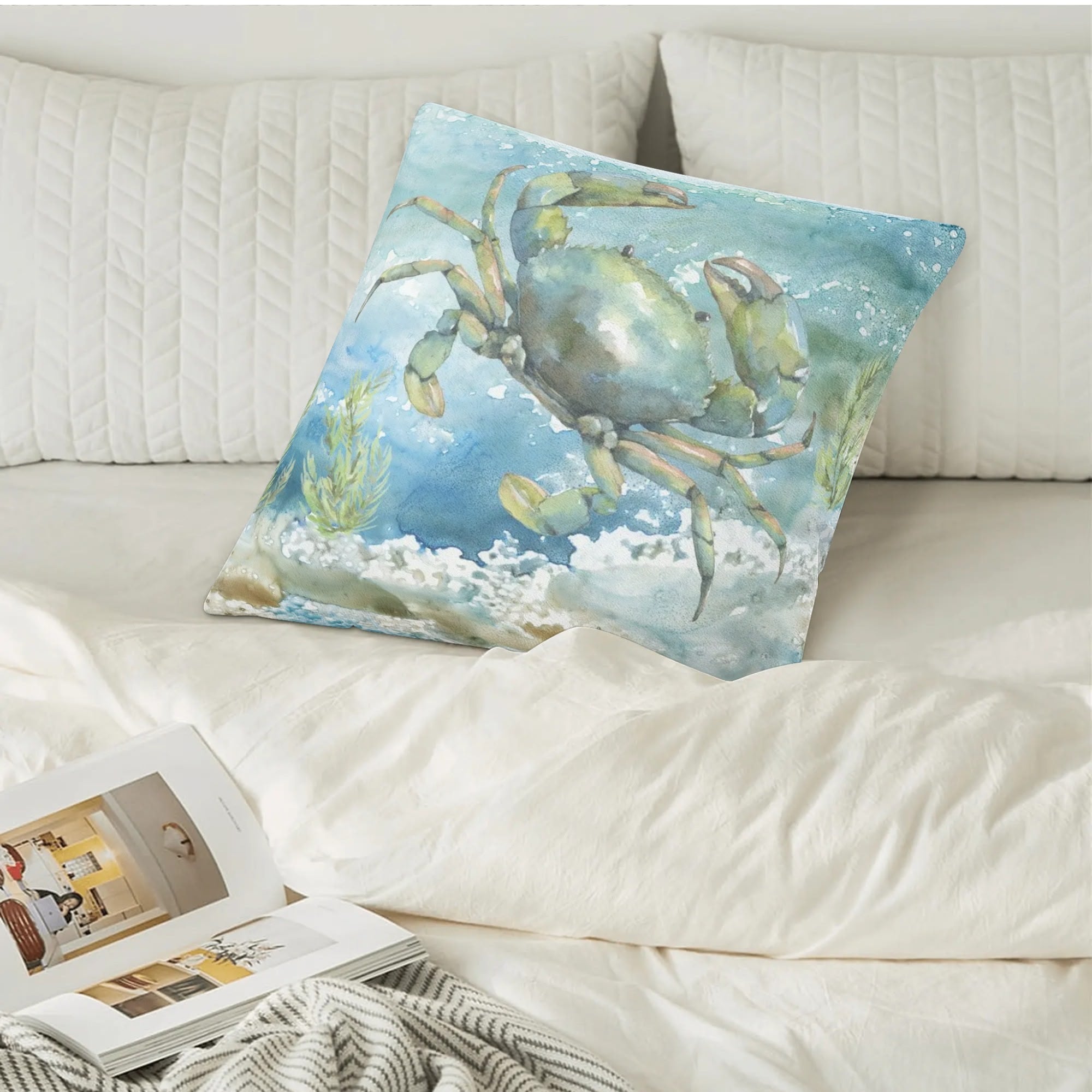 Watercolor crab throw pillow cover on bed, blue crab design, soft polyester fleece pillow cover, home decor
