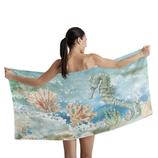 Coral beach towel with seahorse and coral design. Quick dry, perfect for bath, pool or swim. A great gift.