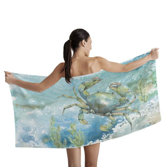 Crab beach towel held by woman, perfect for bathroom, pool, or swim. Quick dry and great gift idea.