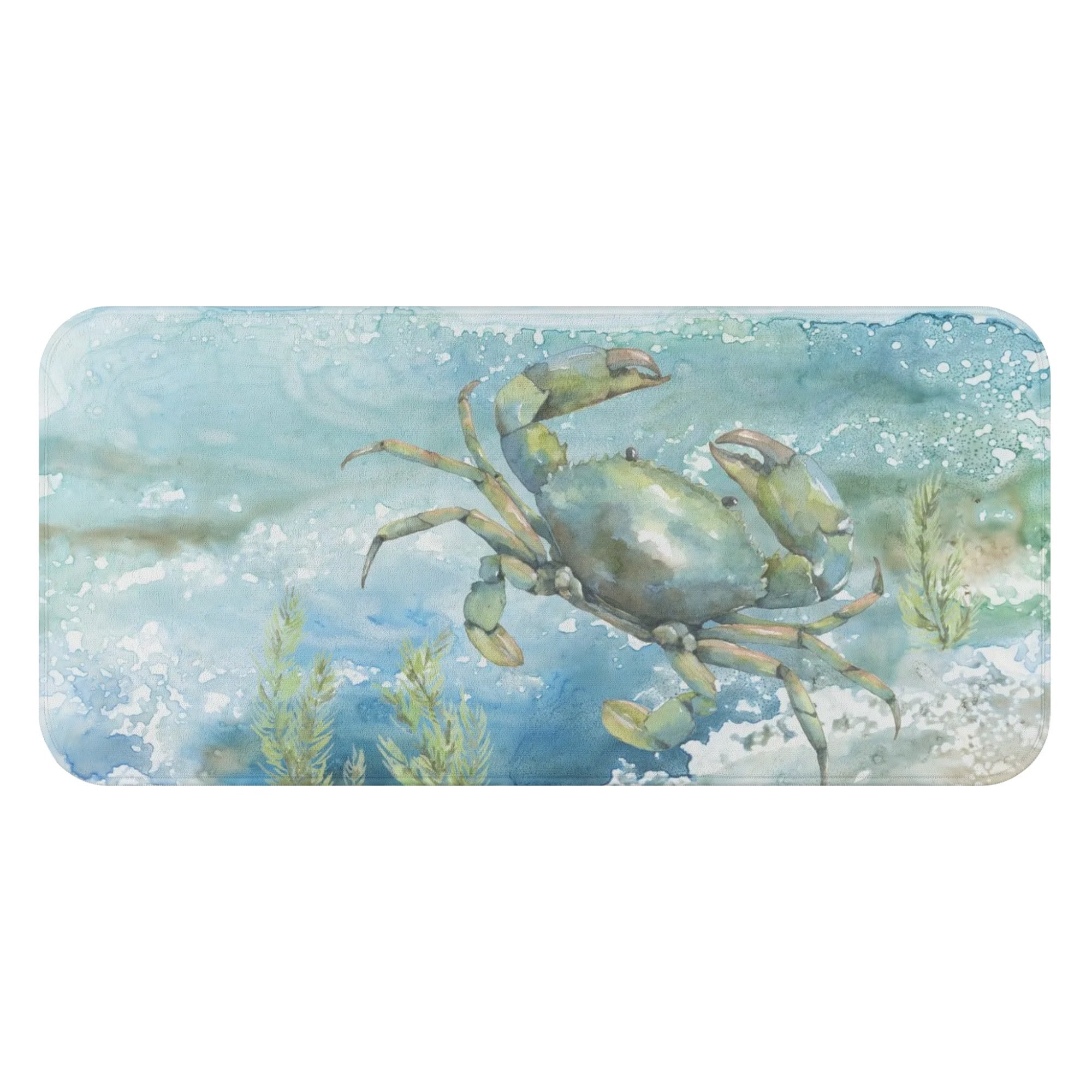 Watercolor beach kitchen towel with crab design. Soft, absorbent, blue and green, perfect for bathroom.