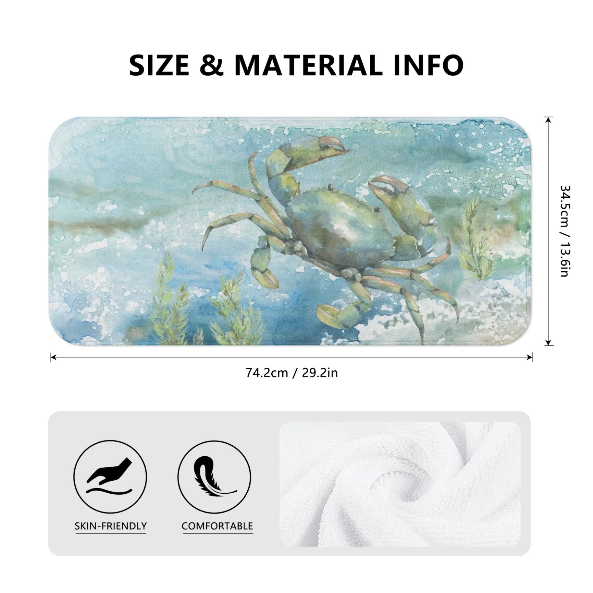 Beach kitchen towel with crab design, absorbent, skin-friendly, and comfortable. Size: 74.2cm x 29.2in