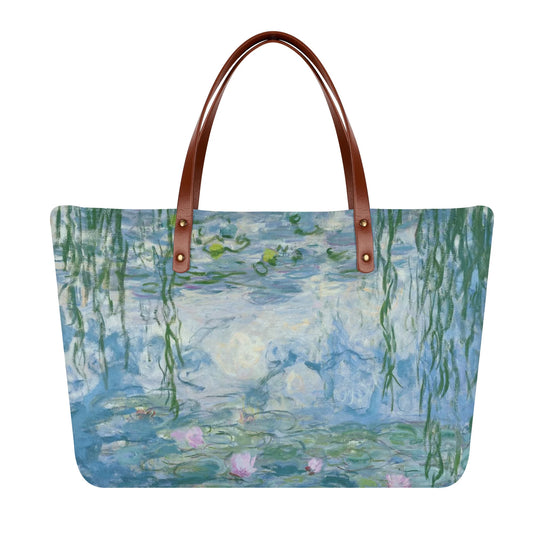 Monet Water Lilies shoulder tote bag, big capacity shopping bag with brown PU leather handles.