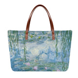 Monet Water Lilies shoulder tote bag, big capacity shopping bag with brown PU leather handles.
