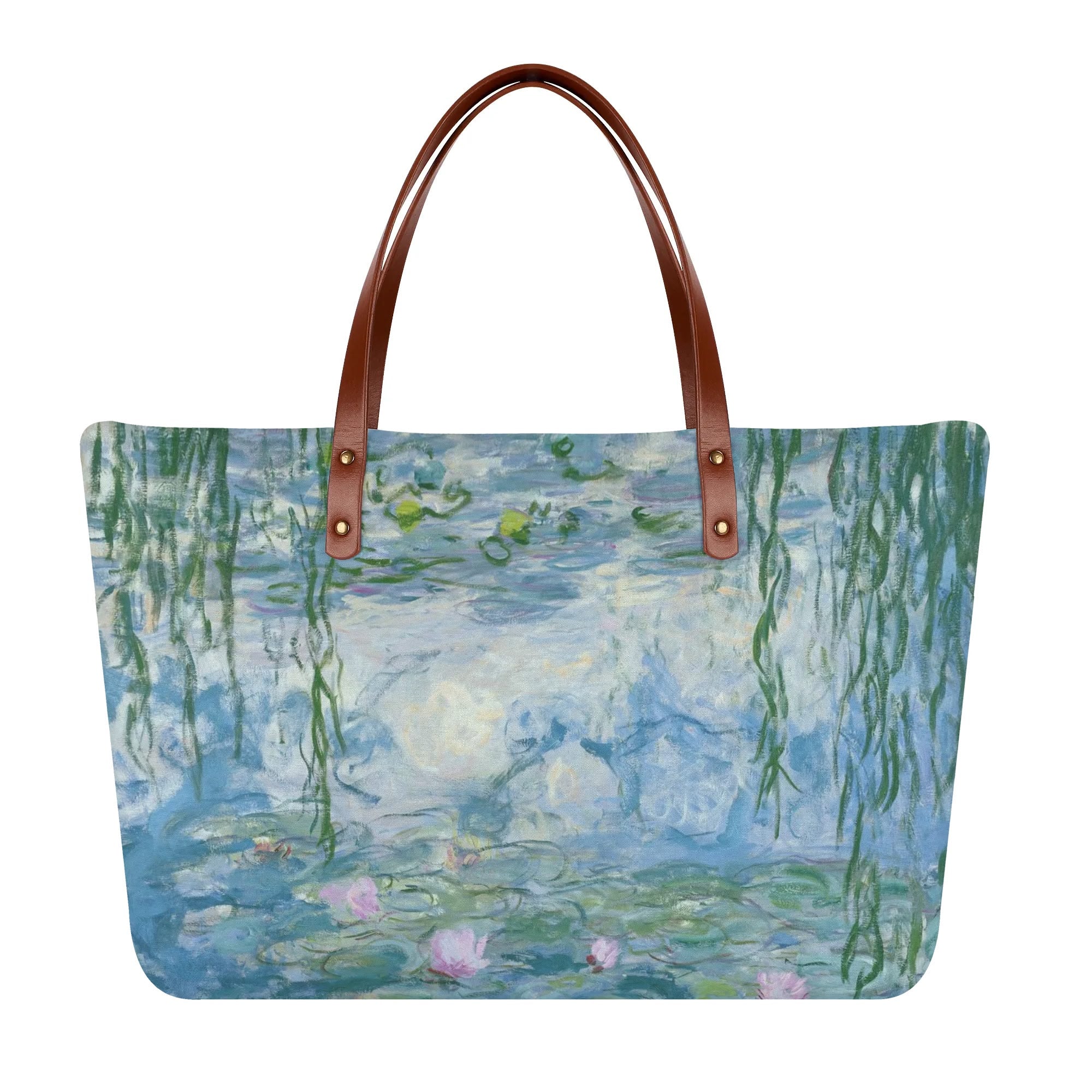 Monet Water Lilies tote bag for women, large capacity shopping bag with PU leather handles