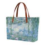Monet Water Lilies shoulder tote bag, large capacity shopping bag with PU leather handles for women