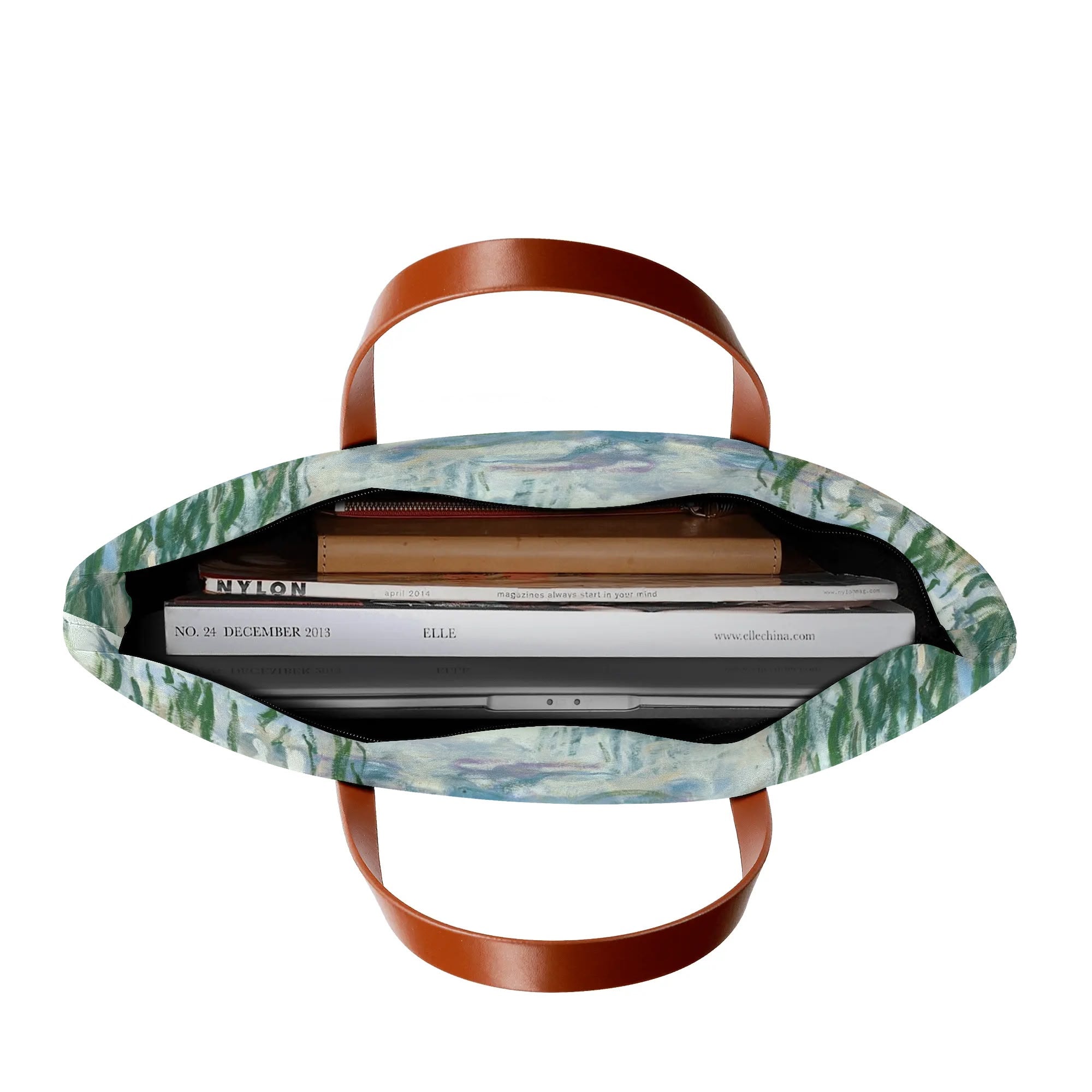 Monet Water Lilies tote bag, PU leather handles, carrying books and laptop, stylish women's bag
