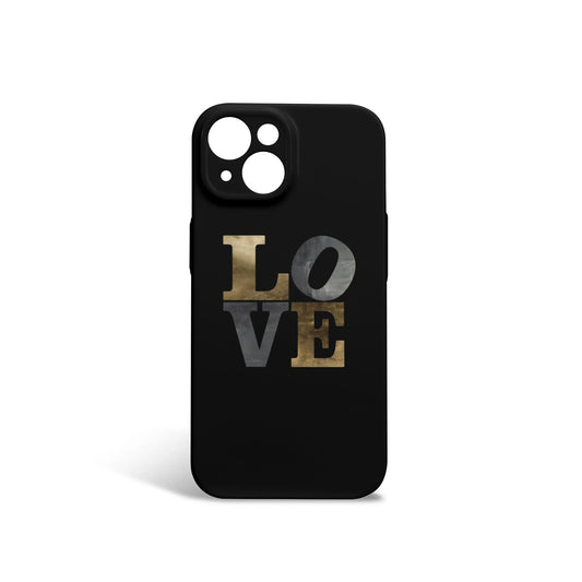 Black iPhone 13 case with metallic LOVE design, shockproof slim phone cover