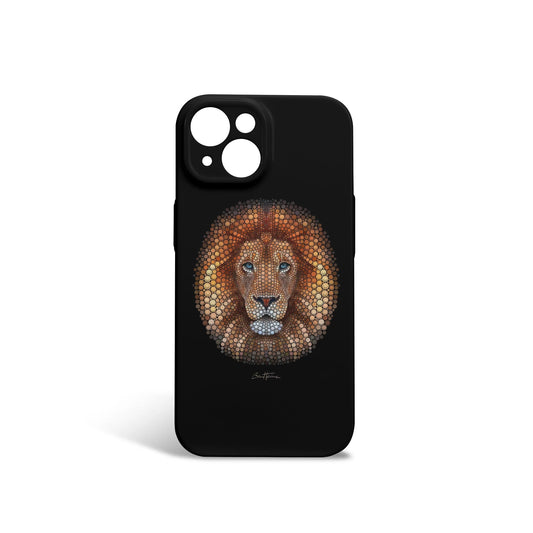 iPhone 13 case with detailed mosaic lion design in black. Shockproof, slim design, custom logo, for MyArtsyGift.