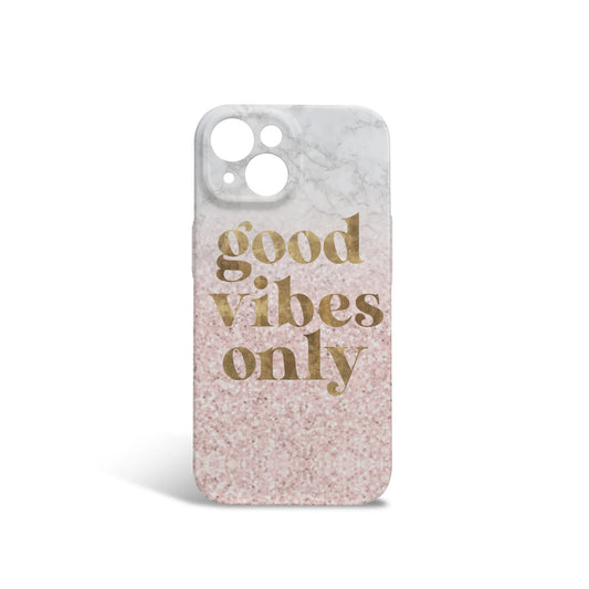 iPhone 13 case with gold "Good Vibes Only" text on a pink glitter background with a marble top.