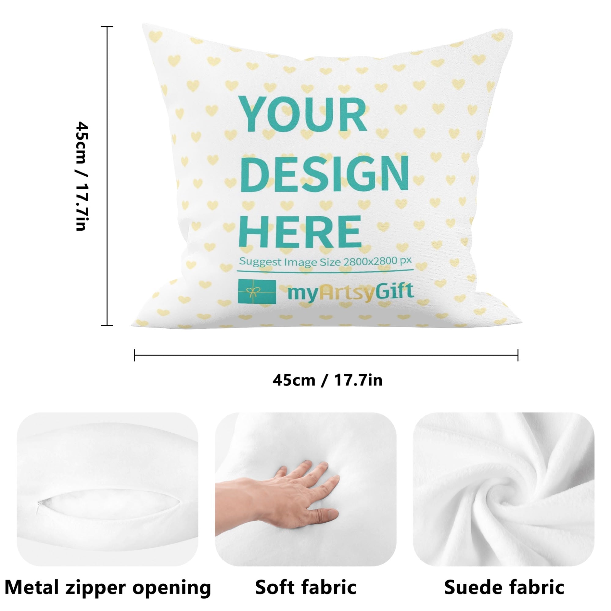 Custom double-sided pillow cover, MyArtsyGift, with 'Your Design Here', soft fabric, 45x45cm size.